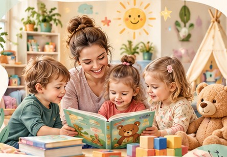 Nauczycielka czyta książkę trojgu uśmiechniętych dzieci w przedszkolu