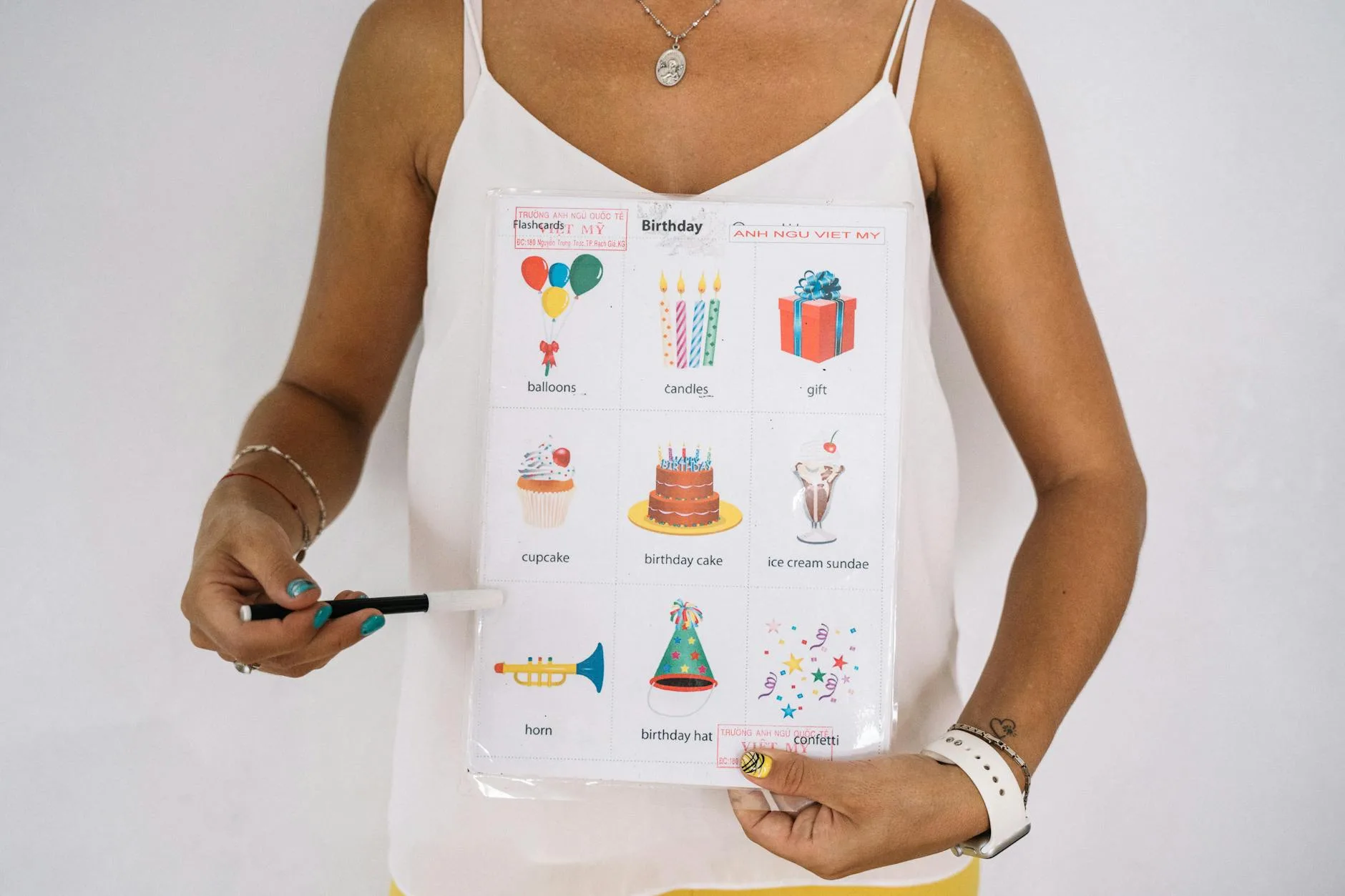 Dłoń trzyma arkusz urodzinowych kart obrazkowych do nauki języka